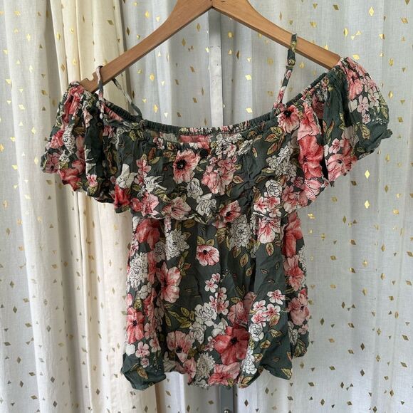 Billabong Summer Sunsets Crinkle Floral Ruffle Off Shoulder Blouse Top M - Picture 4 of 7